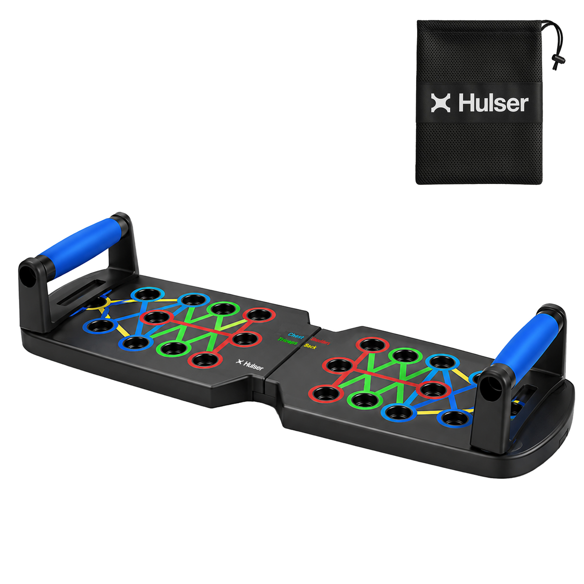 Zwart push-up bord met 14 gekleurde grepen en blauwe handvatten