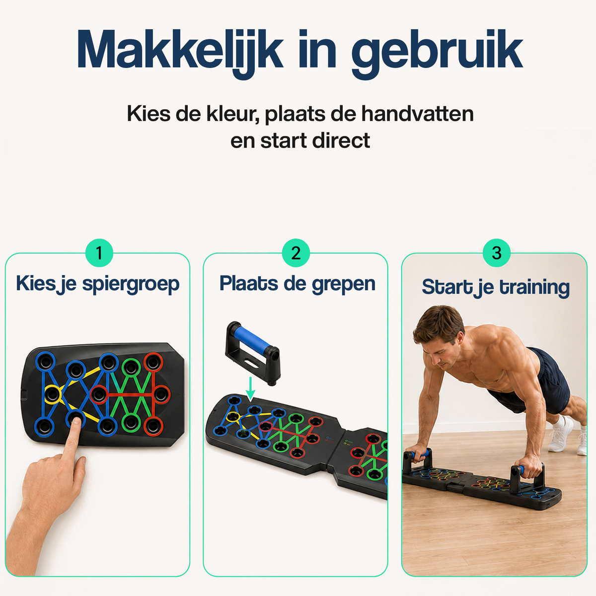 Push-up bord instructies: kies spiergroep, plaats grepen en start training