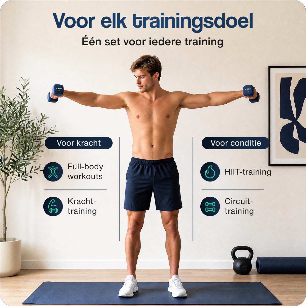 Twee blauwe neopreen dumbbells van 1 kg, vierkante vorm, geschikt voor krachttraining