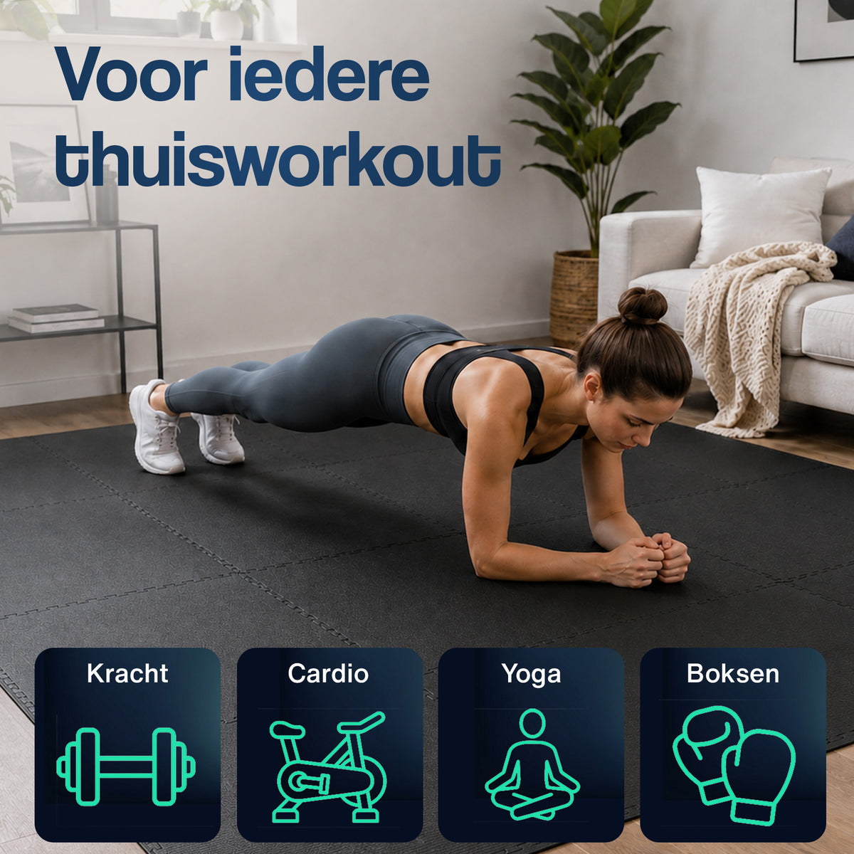 Zwarte fitnesspuzzelmat met in elkaar vergrendelde tegels, geschikt voor yoga en training.