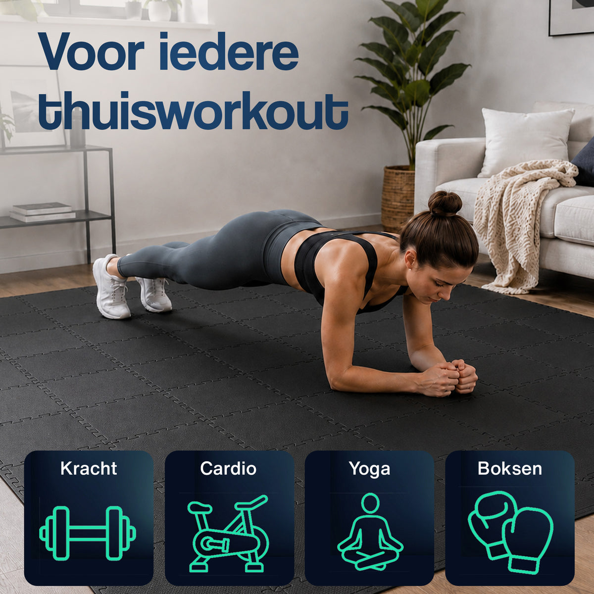 Zwarte fitnesspuzzelmatten voor binnen, met anti-slip textuur en opstaande randen