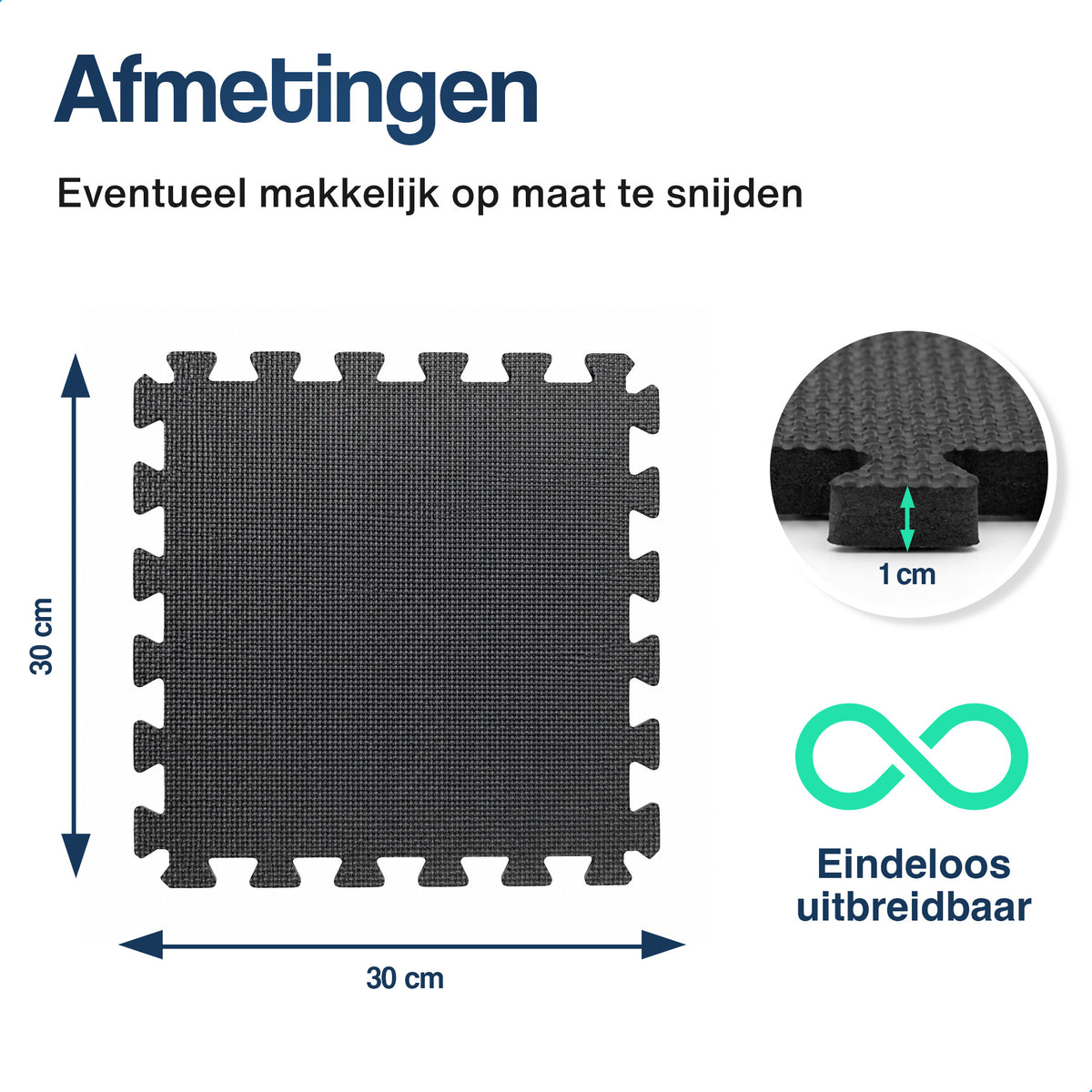 Zwarte puzzelmat met afmetingen 30×30 cm en 1 cm klikrand