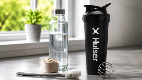 Hulser shakebeker met eiwitpoeder en water