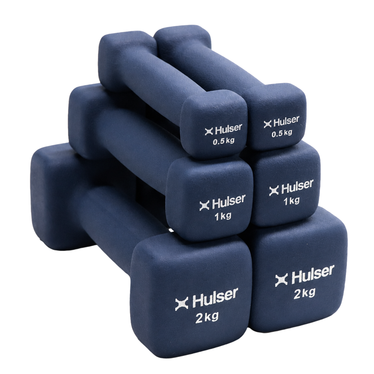 Set neopreen dumbbells (0,5–2 kg) blauw, met Hulser-logo op vier dumbbells