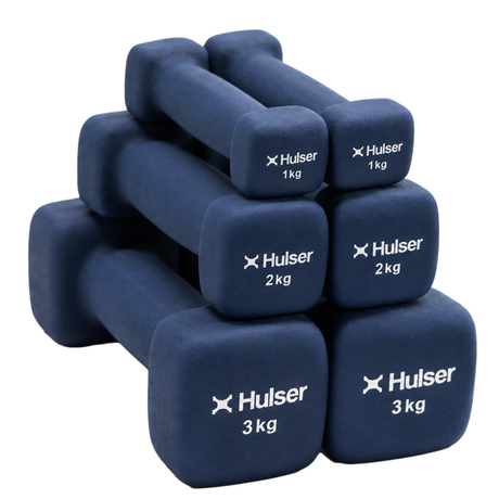 Blauwe neopreen dumbbell set met 1 kg, 2 kg en 3 kg hex handgewichten
