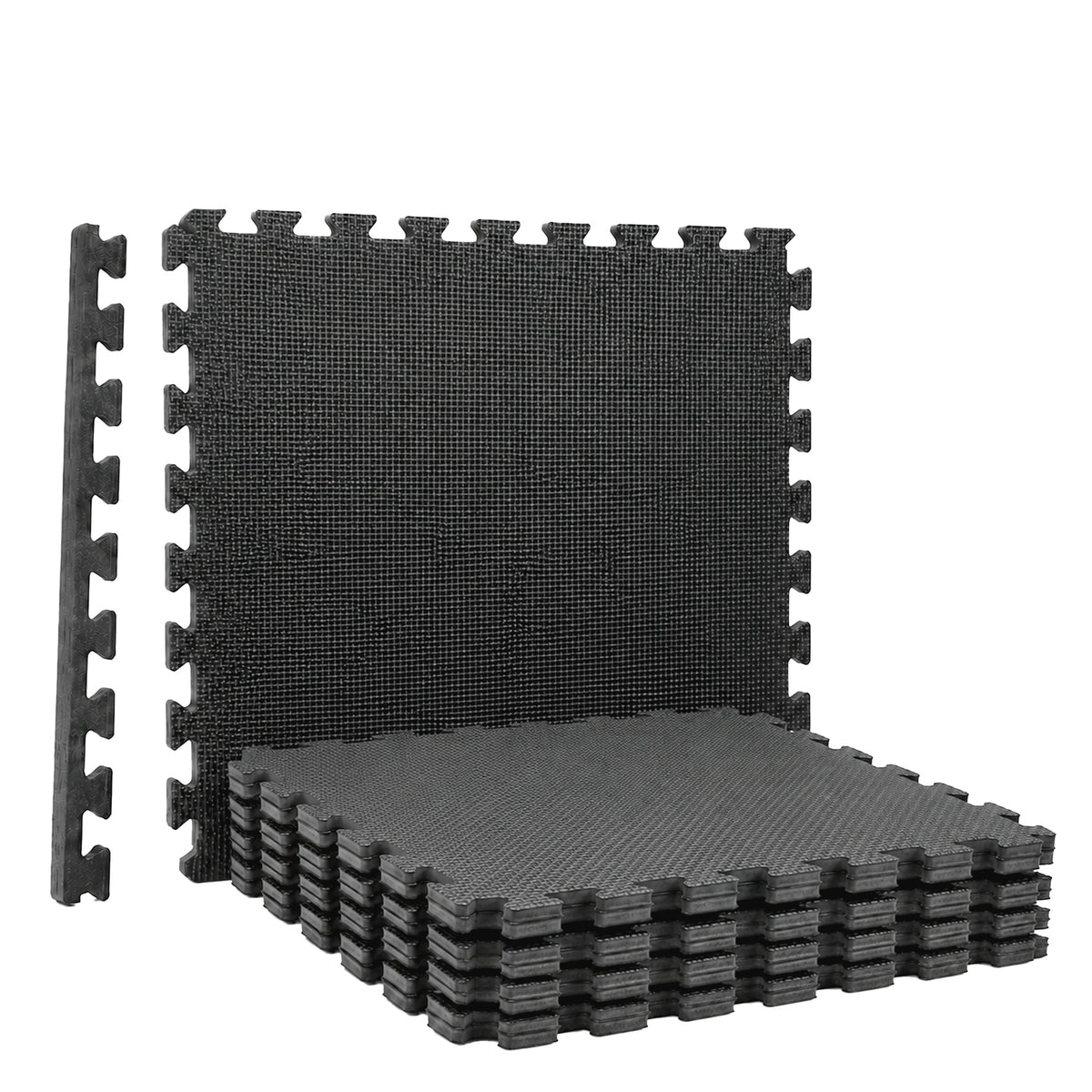 Zwarte puzzelmat set tegels, met in elkaar grijpende randen en stapelbare delen.