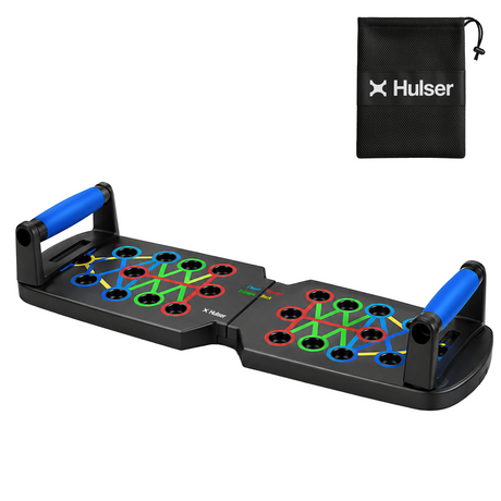 Zwart push-up bord met 14 gekleurde grepen en blauwe handvatten