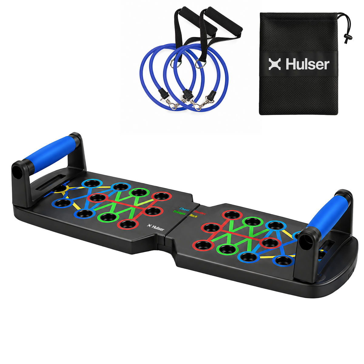 Push-up bord met handgrepen en gekleurde voetensteunen, met 2 weerstandsbanden