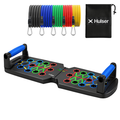 Push-up bord met handgrepen en gekleurde weerstandsbanden, inclusief opbergtas