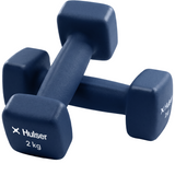 Blauwe neopreen dumbbells 2 kg, close-up van afgeronde zijkanten en grip