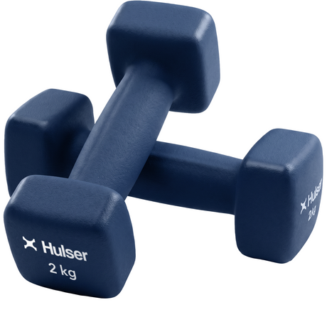 Blauwe neopreen dumbbells 2 kg, close-up van afgeronde zijkanten en grip