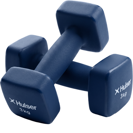 Blauwe neopreen dumbbells 3 kg met 'Hulser' logo en verdikte handgreep