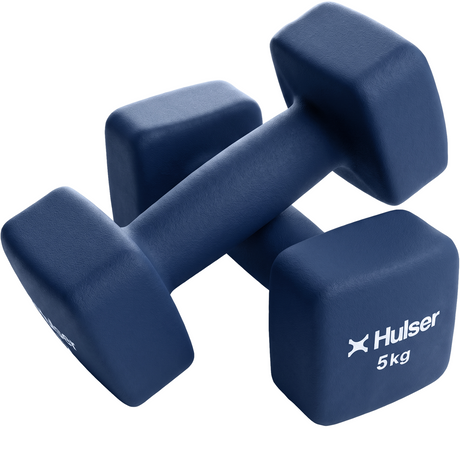 Donkerblauwe neopreen halters met merkopdruk, set van 2 dumbbells van 5 kg.
