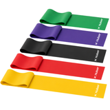 Set van 5 lange weerstandsbanden, in groen, paars, zwart, rood en geel