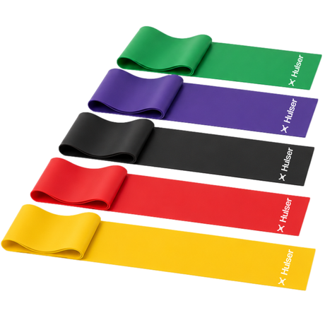 Set van 5 lange weerstandsbanden, in groen, paars, zwart, rood en geel