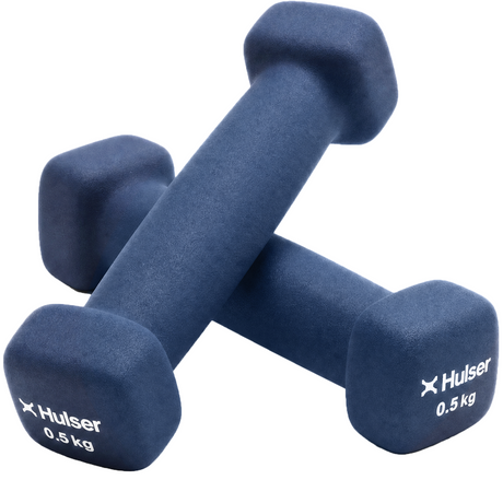 Blauwe dumbbells met Hulser-logo, set 2×0,5 kg.