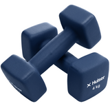 Donkerblauwe neopreen dumbbell 4 kg met antislip grip en merkopdruk op uiteinde