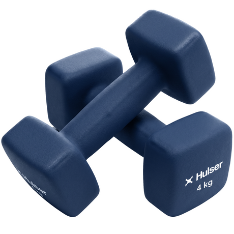 Donkerblauwe neopreen dumbbell 4 kg met antislip grip en merkopdruk op uiteinde