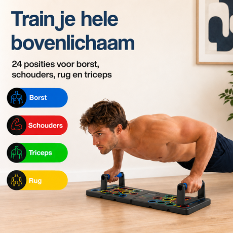 Push-up bord met gekleurde opzetstukken, inklapbaar, in gebruik op de vloer