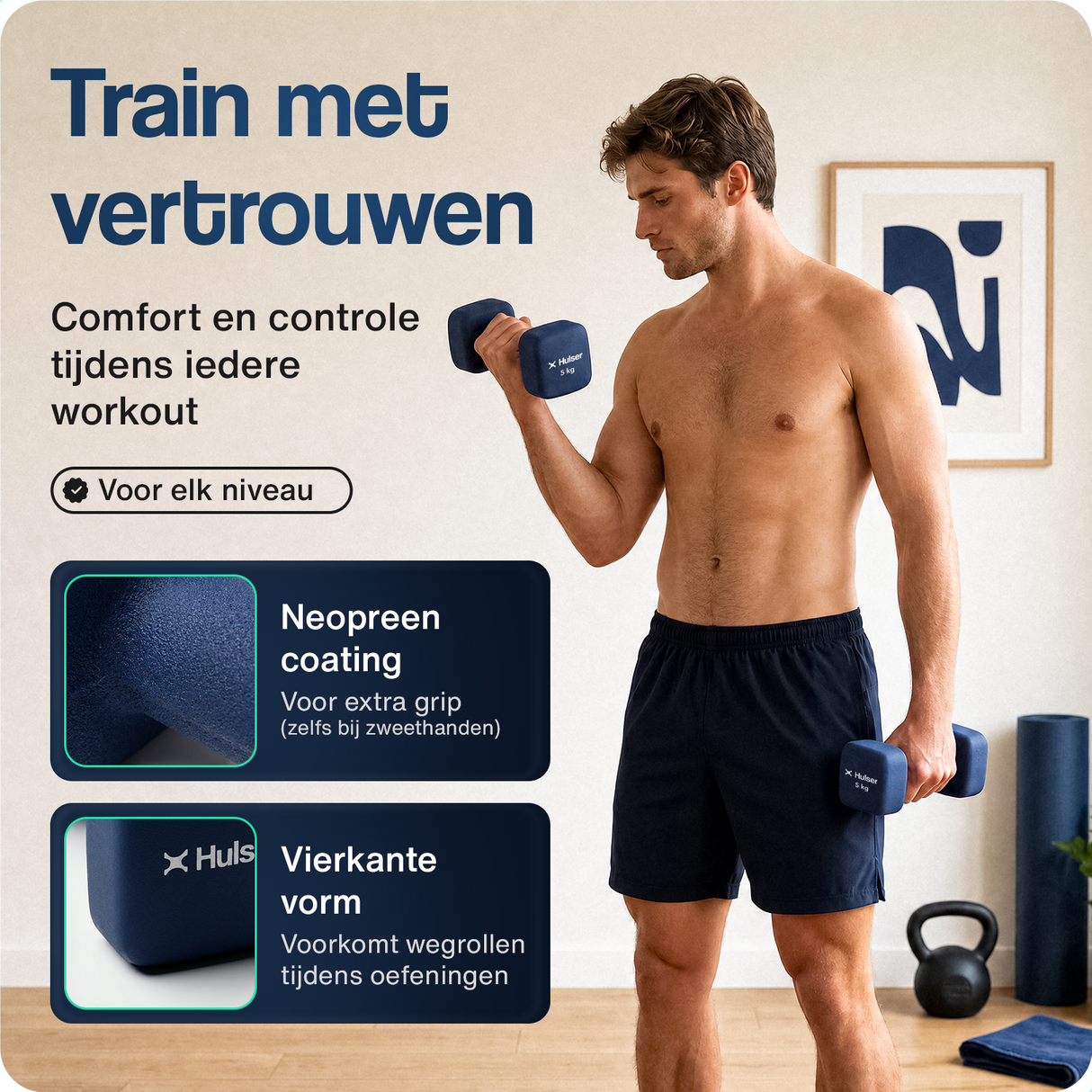 Neopreen halterset: 2 donkerblauwe dumbbells, elk 5 kg.