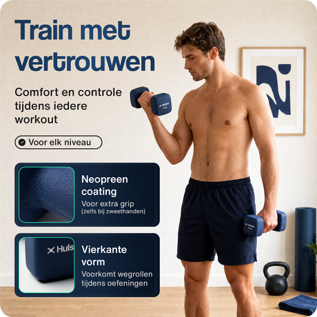 Neopreen halterset: 2 donkerblauwe dumbbells, elk 5 kg.
