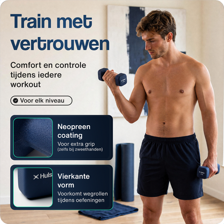 Neopreen dumbbells blauw met Hulser-logo, vastgehouden tijdens oefening door man