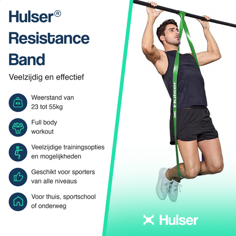 Groene weerstandsband bevestigd aan optrekstang, met Husler logo