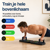 Push-up bord in gebruik: man doet plankachtige oefening voor borst en schouders