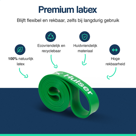 Groene weerstandsband van latex, opgerolde lus met Husler logo