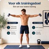 Blauwe neopreen dumbbells van 2 kg, in gebruik met uitgestrekte armen