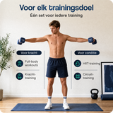 Twee donkerblauwe neopreen dumbbells, 5 kg per stuk.