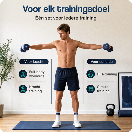 Twee donkerblauwe neopreen dumbbells, 5 kg per stuk.