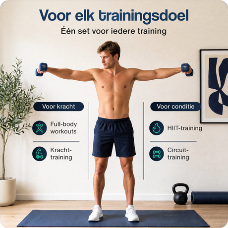 Blauwe neopreen dumbbells met Hulser-logo, man houdt twee gewichten uitgestrekt op mat