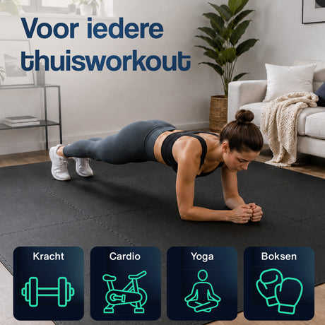 Zwarte fitnesspuzzelmat met in elkaar vergrendelde tegels, geschikt voor yoga en training.
