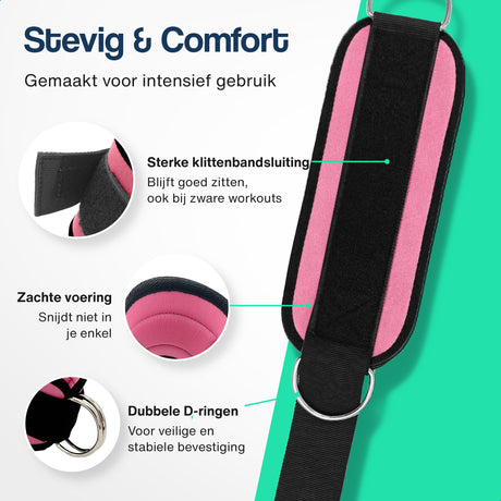 Roze HULSER lifting strap met zwarte klittenbandsluiting en dubbele D-ringen