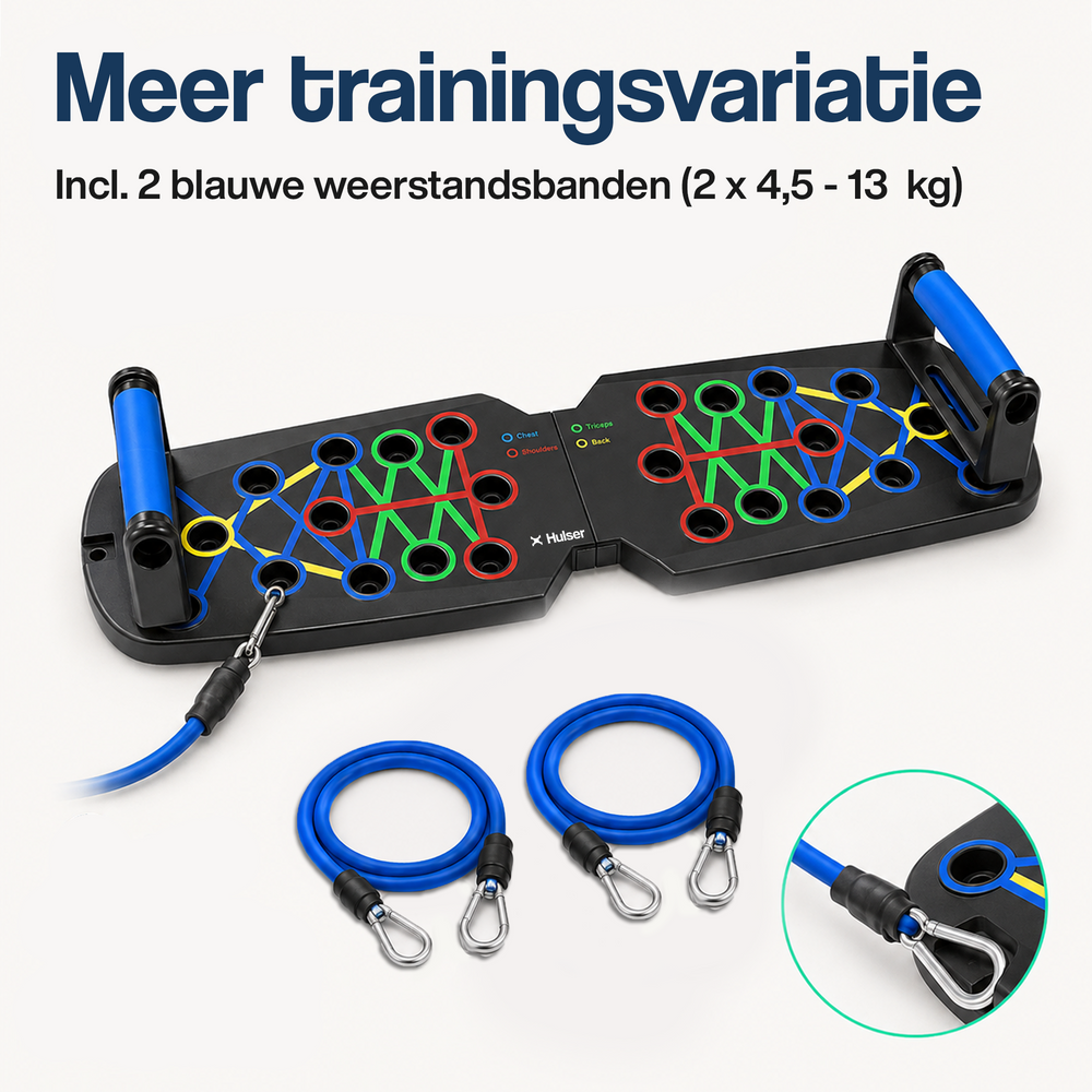 14-in-1 push-up board met blauwe weerstandsbanden, handvat en oogjes