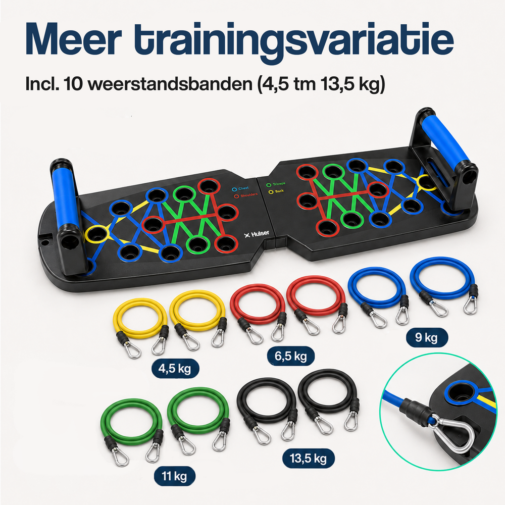 Push-up board met 10 weerstandsbanden en handgrepen, voor trainingsvariatie.