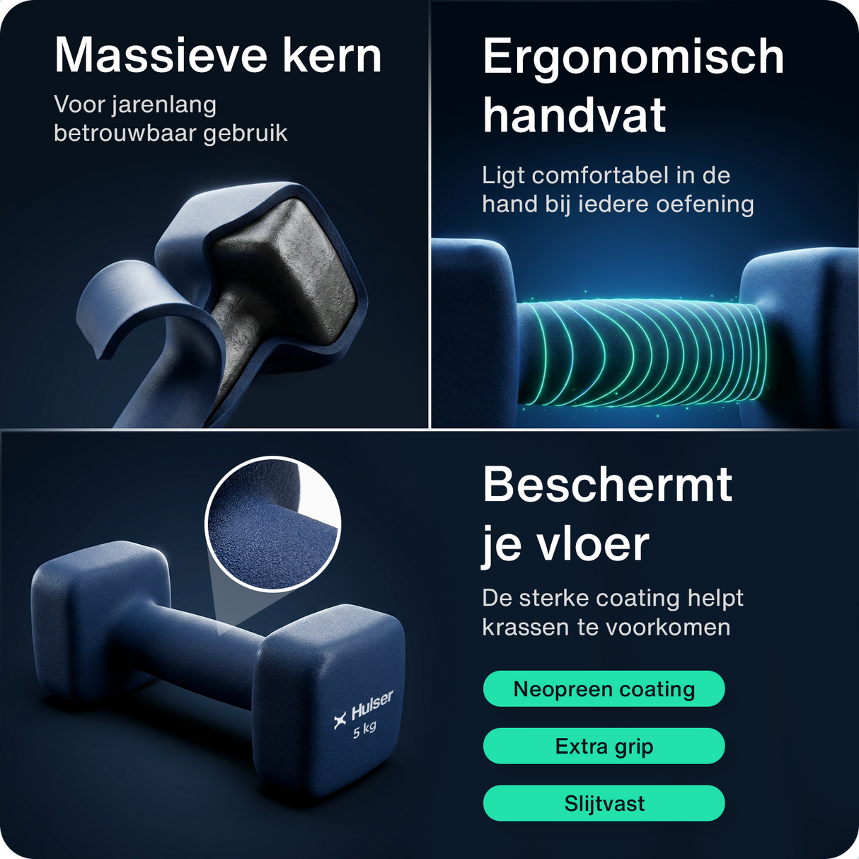 Donkerblauwe neopreen dumbbells met structuur en merkopdruk, 5 kg per stuk.