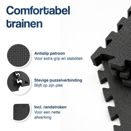 Zwarte puzzelmat met antislip patroon, stevige puzzelverbinding en randafwerking.