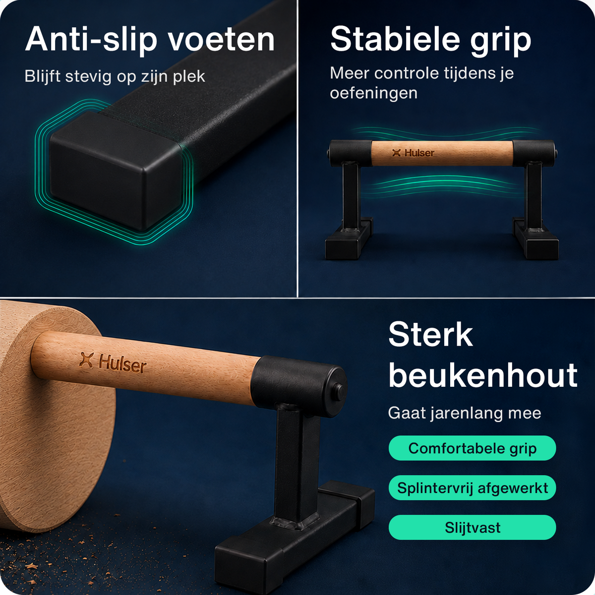 Parallettes close-up: antislip zwarte voeten en comfortabele zwarte handgrepen