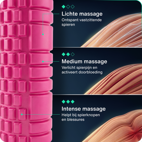 Roze foamroller met noppen, close-up van de geribde buitenkant