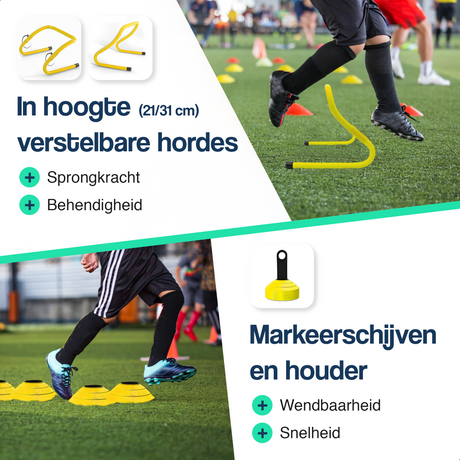 Trainingsaccessoires met gele verstelbare horden en markeerschijven met houder