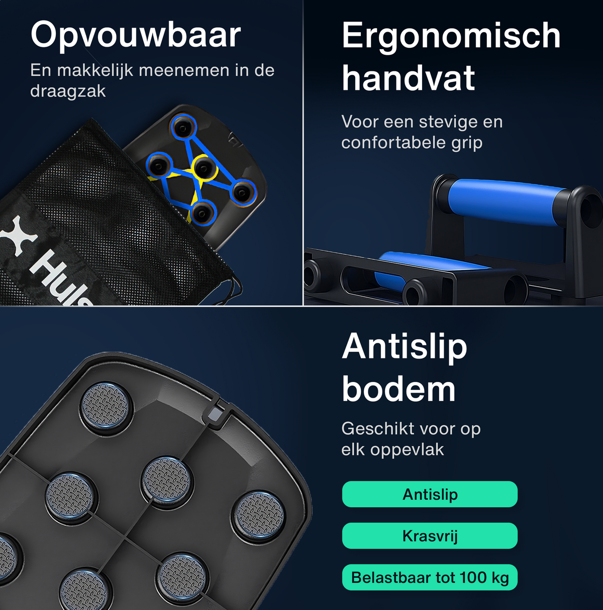 Push-up bord met antislip bodem, ergonomische handvatten en opbergtas