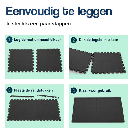 Zwarte puzzelmatten met kliksysteem; tegels eenvoudig naast elkaar te leggen.