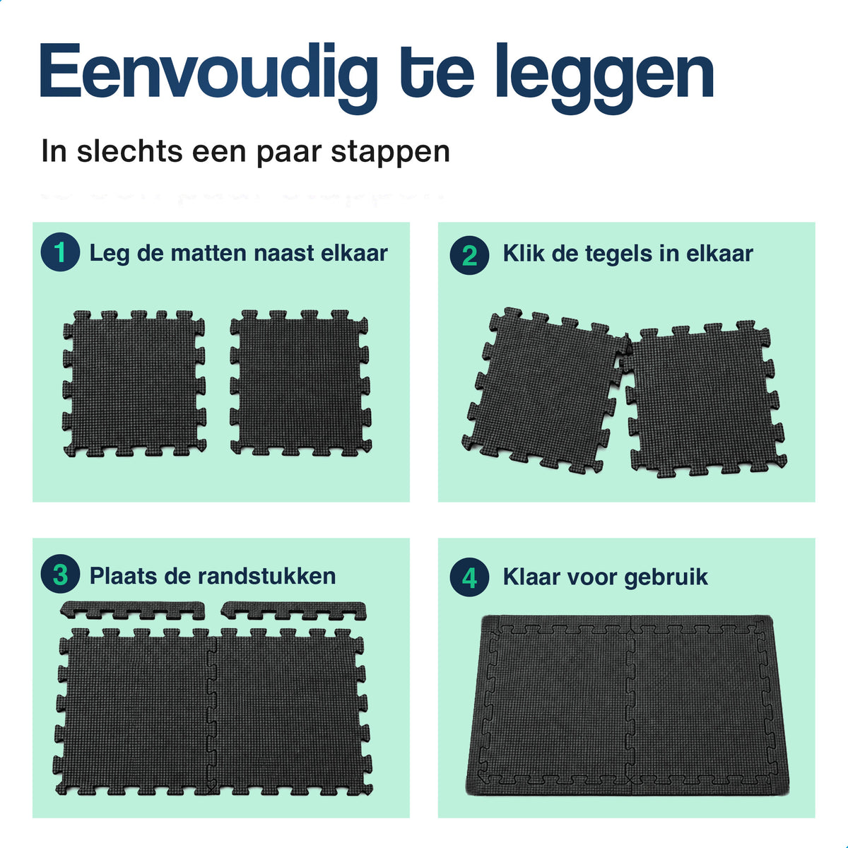 Zwarte puzzelmatten: tegels naast elkaar leggen en in elkaar klikken voor een blok
