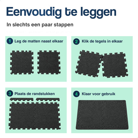 Zwarte puzzelmatten: tegels naast elkaar leggen en in elkaar klikken voor een blok