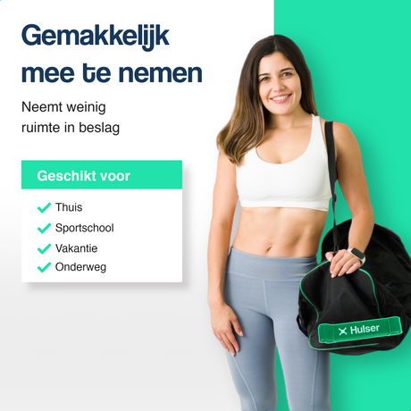 Groene weerstandsband met Husler logo, vastgehouden bij draagtas