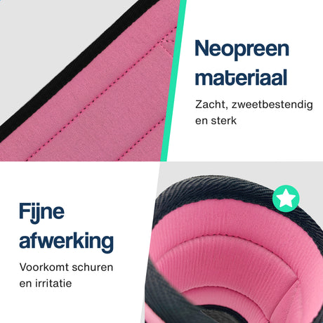 Roze neopreen voering op zwarte band, met afwerking tegen schuren en irritatie
