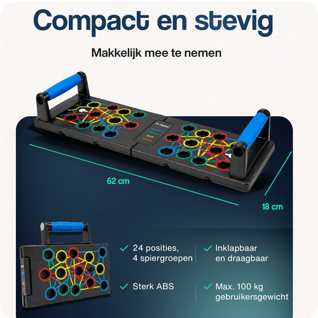 Compact push-up bord met blauwe handvatten en gekleurde gripcirkels