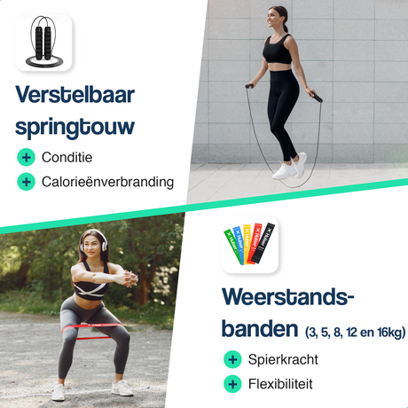 Verstelbaar springtouw en weerstandsbanden in meerdere kleuren